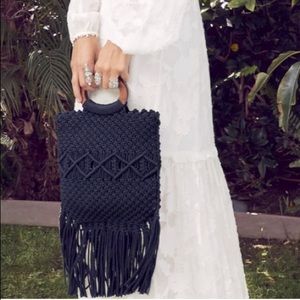 Danielle Nicole Black Crochet Handbag Crossbody Fringe Macrame Wood Handle